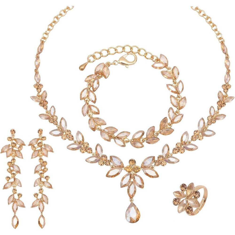 Bridal Jewelry Set Copper Alloy Crystal Dangle Earrings Necklace Bracelet Ring W